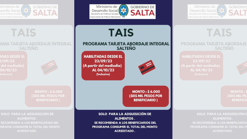 TARJETAS T.A.I.S., TARJETA COMER EN FAMILIA, GOBIERNO DE SALTA